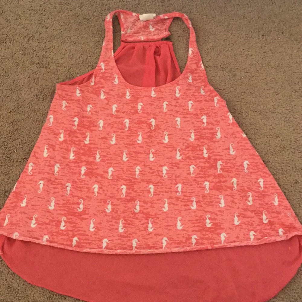 Coral pink sea horse top with sheer back